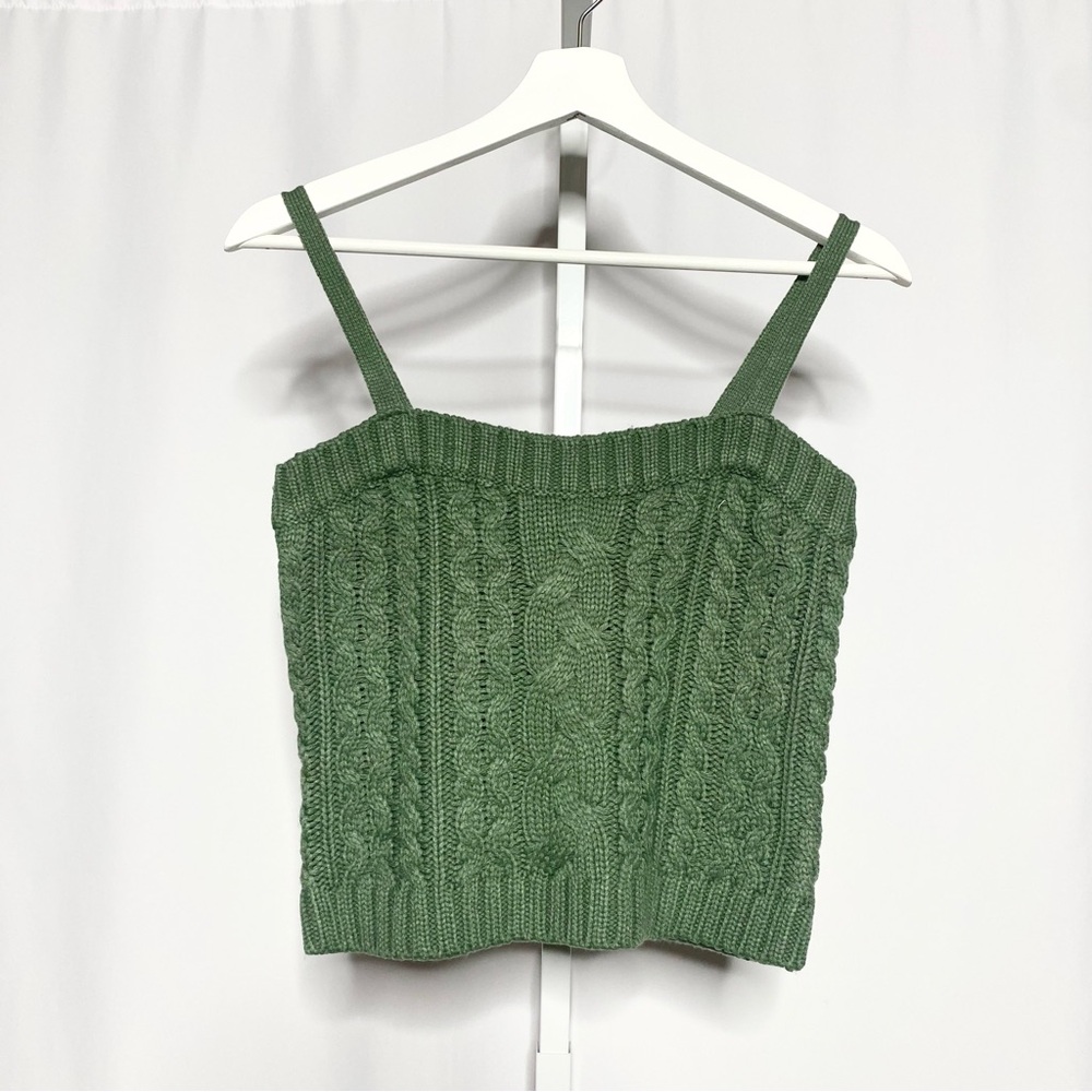 525 America Women's Green Cable Knit Cropped Tank Top Adjustable Straps • S